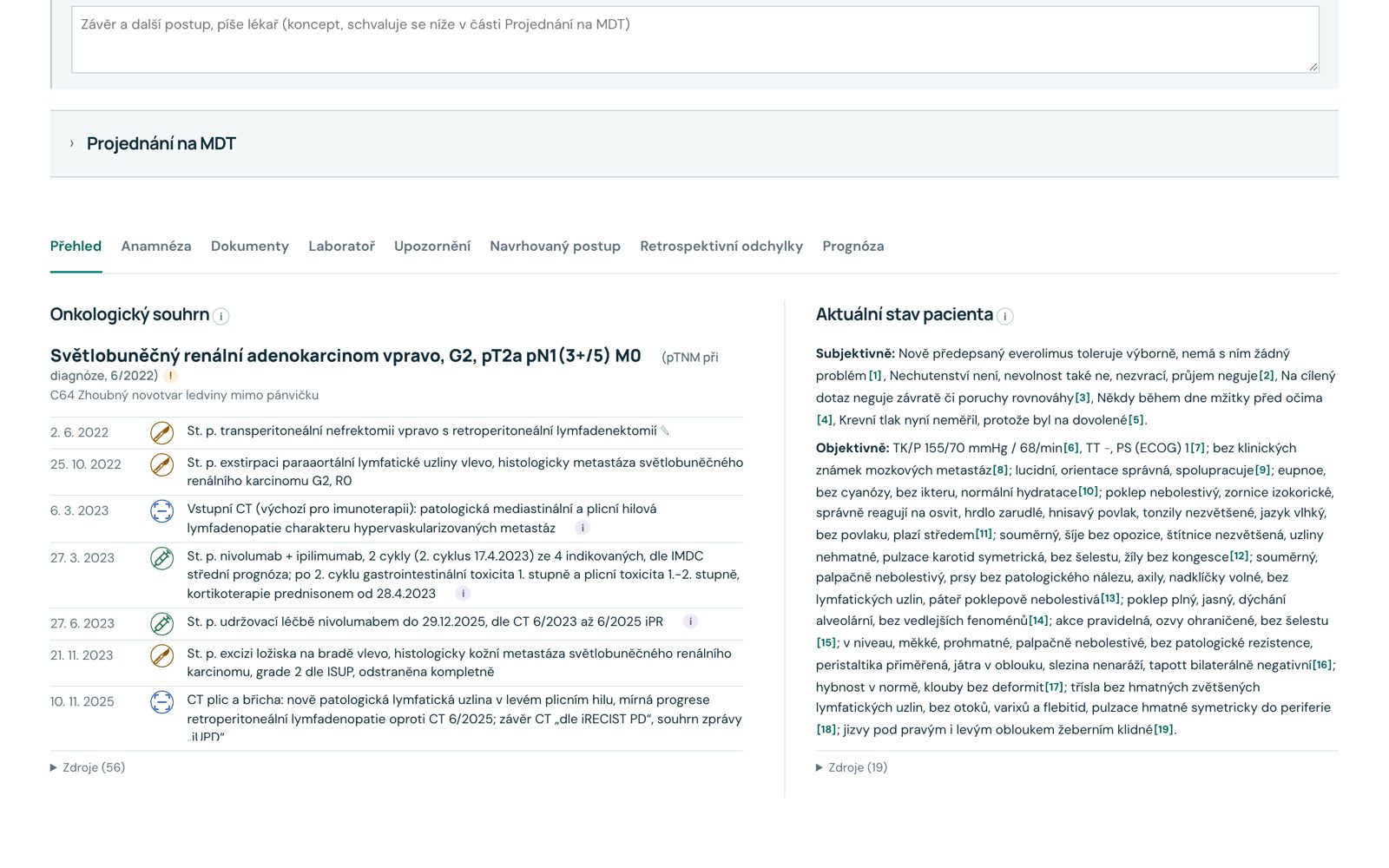 Přehled pacienta v GLIDE MDT: onkologický souhrn s časovou osou a aktuální stav pacienta
